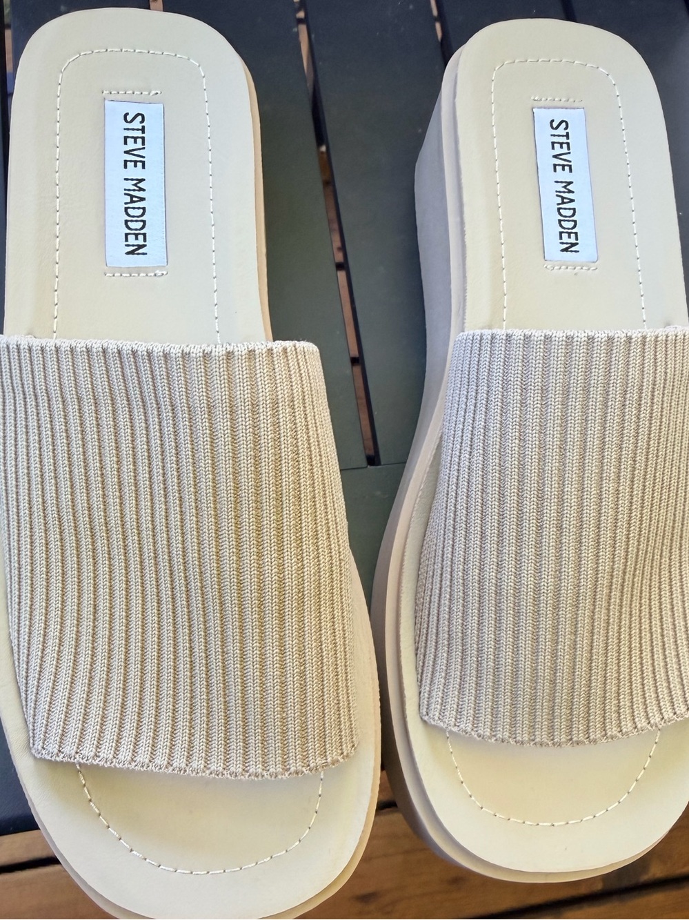 Steve Madden Beige Ribbed Slide Mules